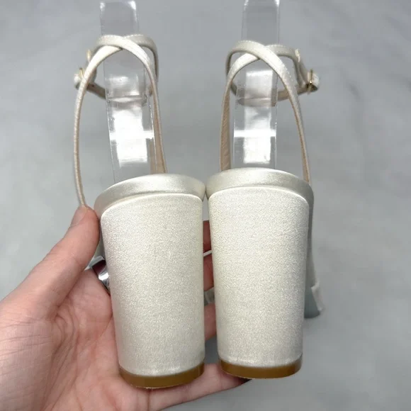 Aquazzura Nina 85 Silk Satin Knot Ankle Strap Block Heel Sandals Bridal White - Picture 6 of 16